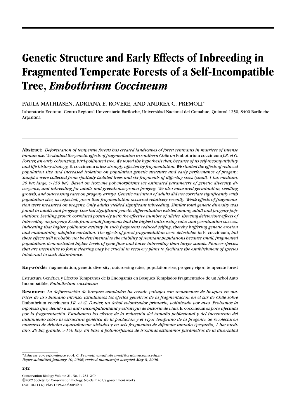 Genetic Structure and Early Effects of Inbreeding in Fragmented Temperate Forests of a Self-Incompatible Tree, Embothrium Coccineum