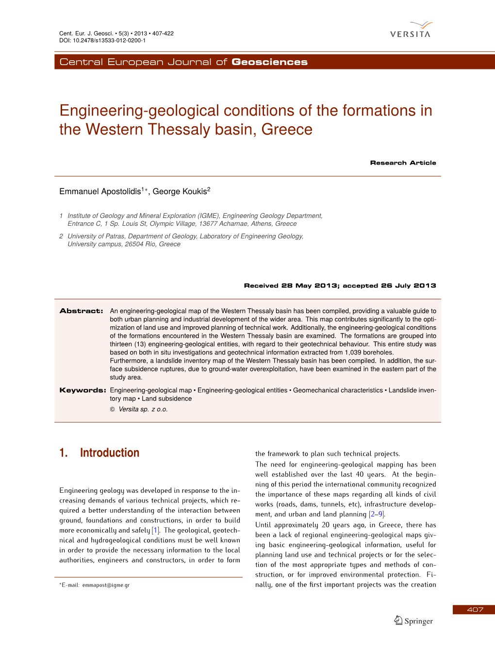 Engineering-Geological Conditions of the Formations in the Western Thessaly Basin, Greece