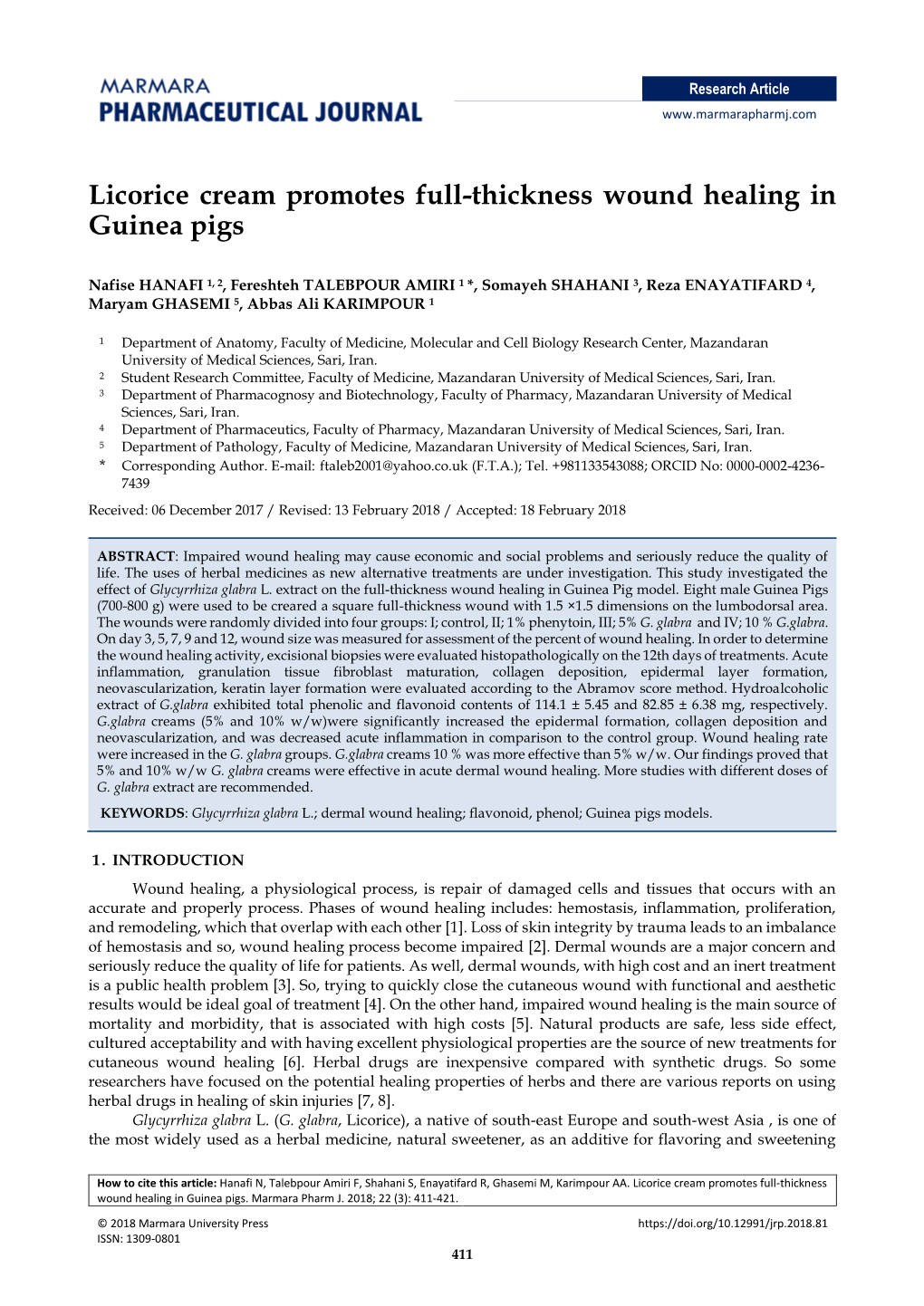 Licorice Cream Promotes Full-Thickness Wound Healing in Guinea Pigs