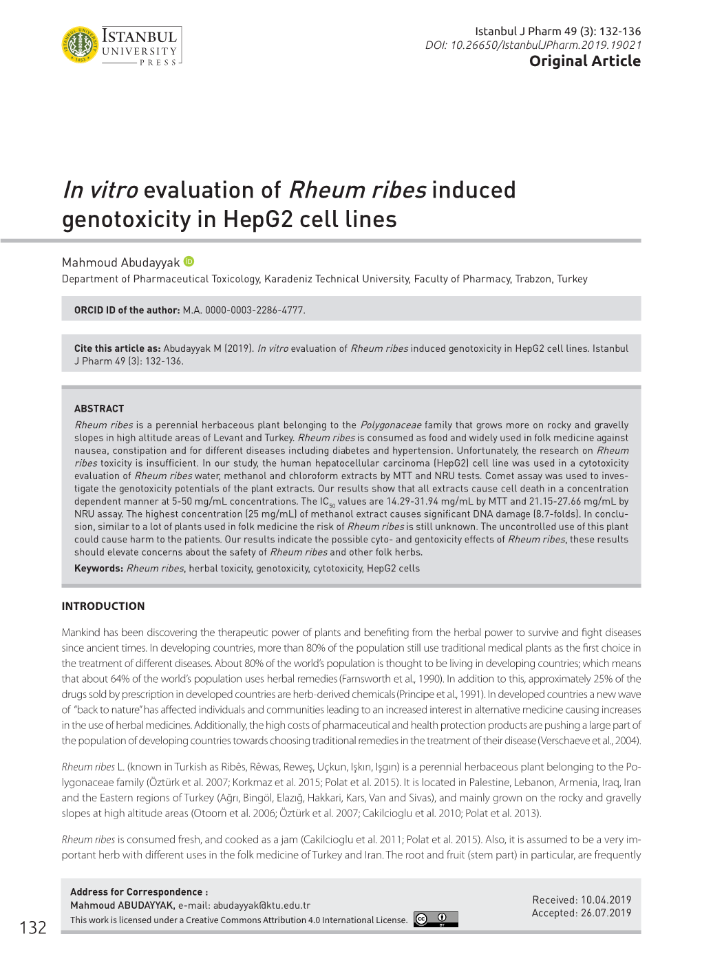 In Vitro Evaluation of Rheum Ribes Induced Genotoxicity in Hepg2 Cell Lines