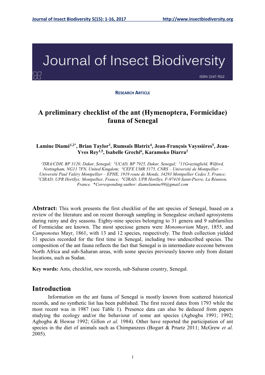 Hymenoptera, Formicidae) Fauna of Senegal