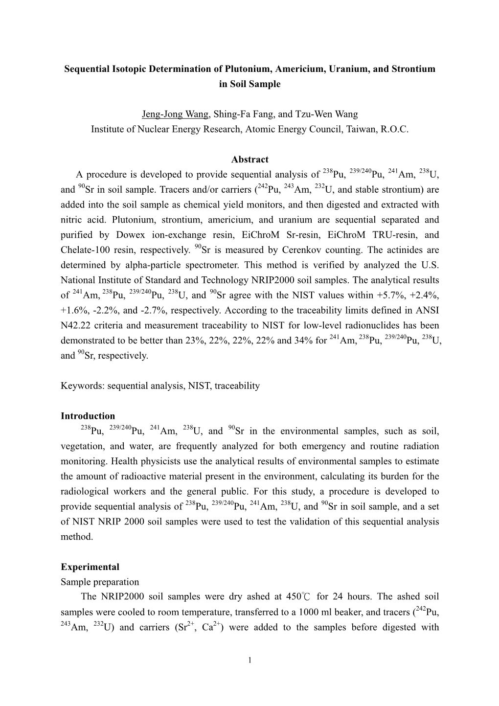 Sequential Isotopic Determination of Plutonium, Strontium, Americium