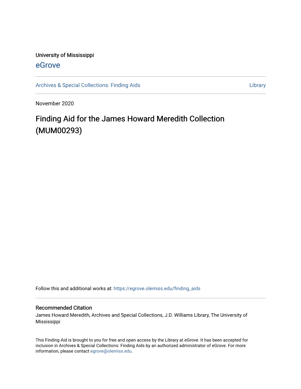 Finding Aid for the James Howard Meredith Collection (MUM00293)