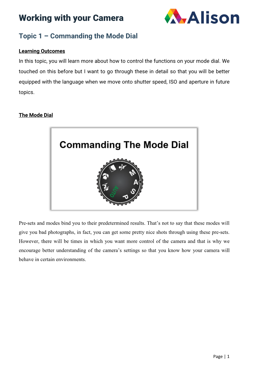 Topic 1 Commanding the Mode Dial