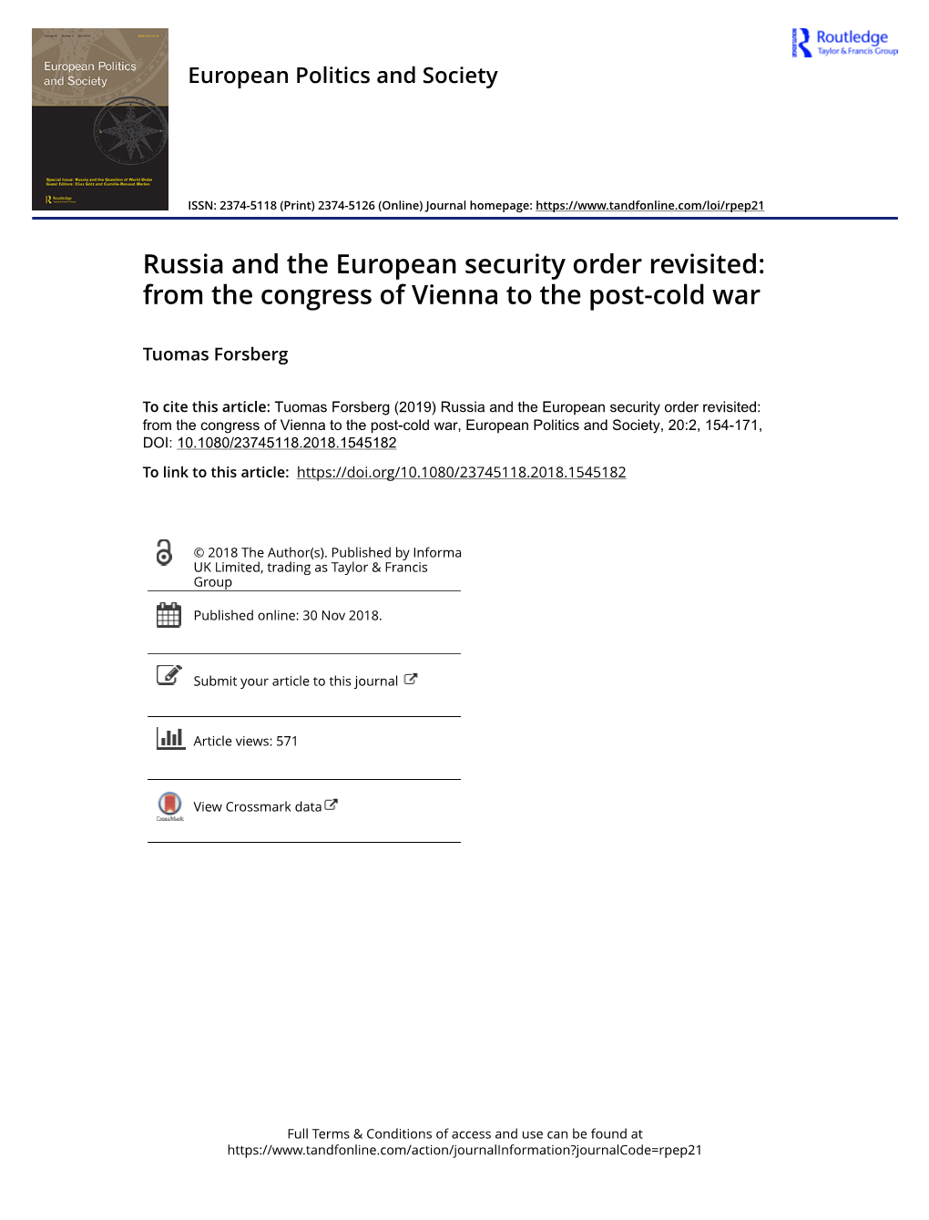 Russia and the European Security Order Revisited: from the Congress of Vienna to the Post-Cold War