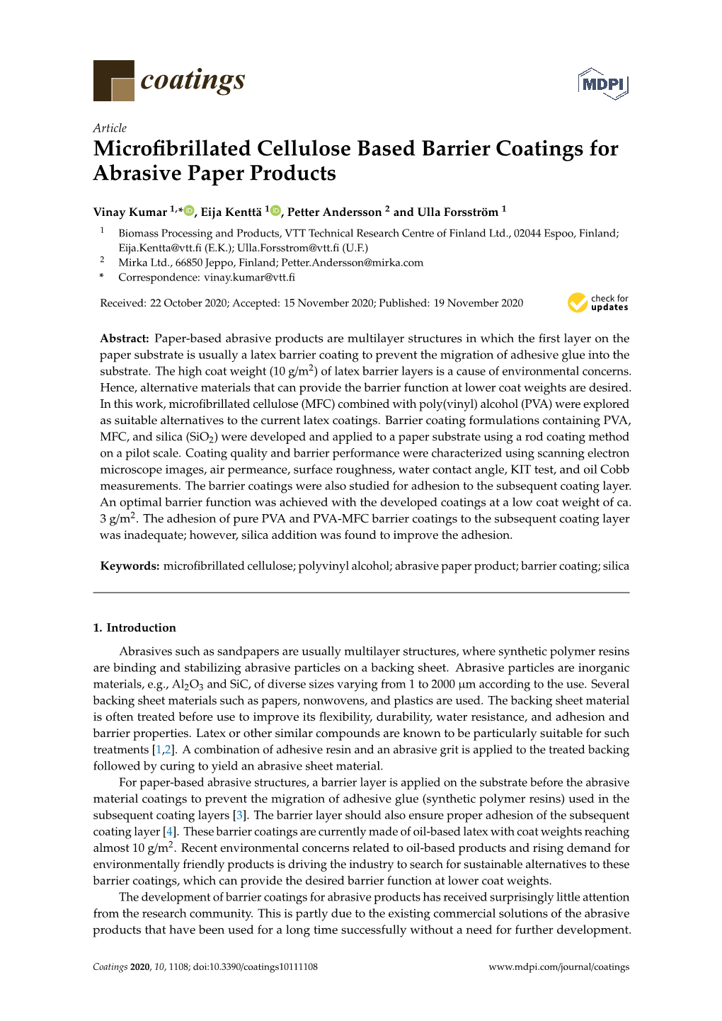 Microfibrillated Cellulose Based Barrier Coatings for Abrasive Paper