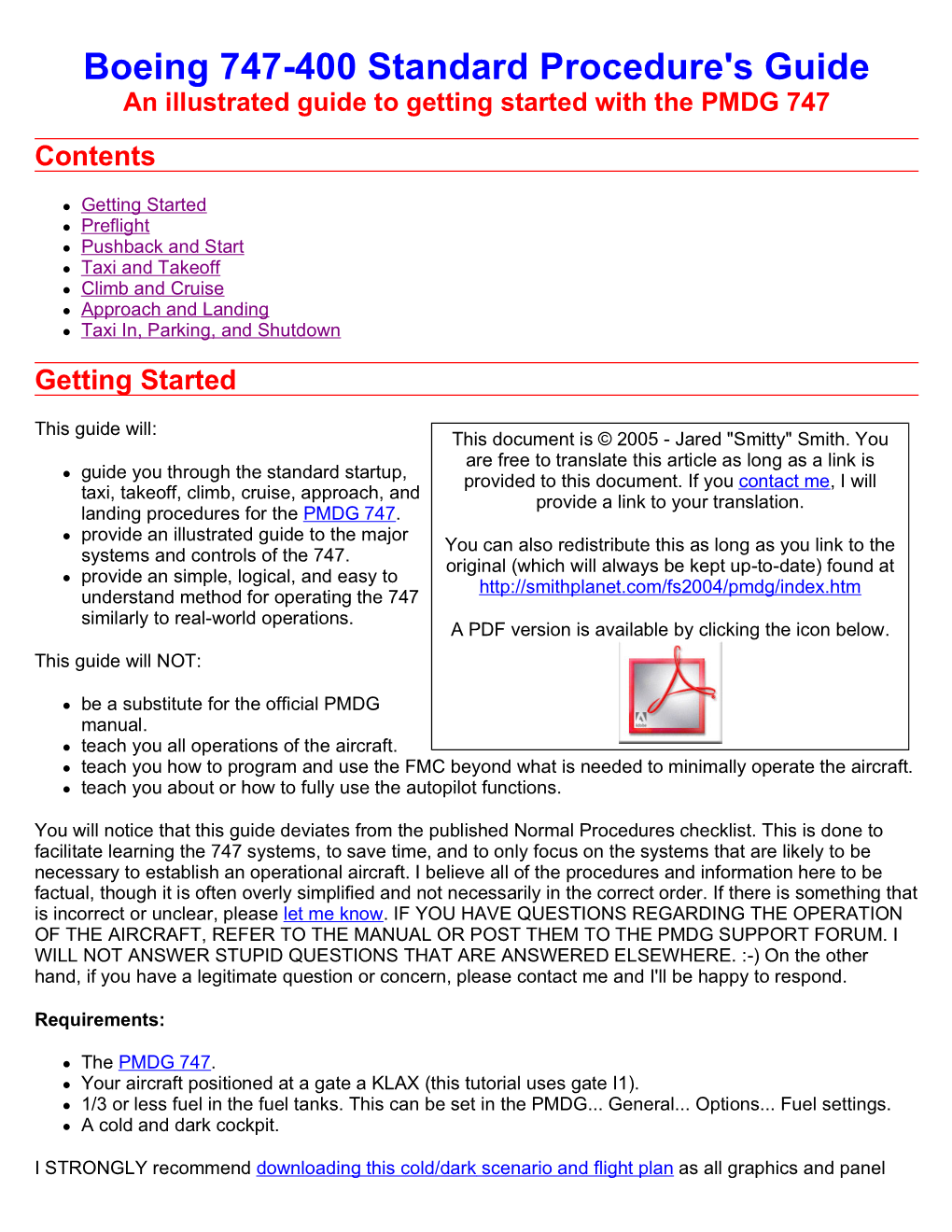 Boeing 747-400 Standard Procedure's Guide an Illustrated Guide to Getting Started with the PMDG 747 Contents