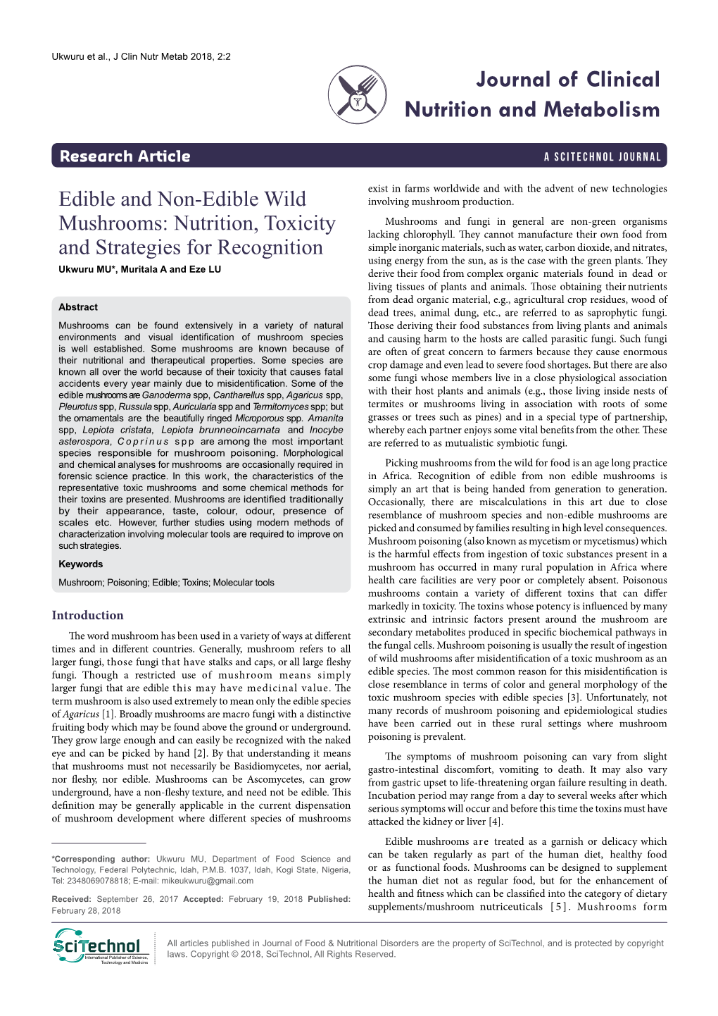 Edible and Non-Edible Wild Mushrooms: Nutrition, Toxicity and Strategies for Recognition