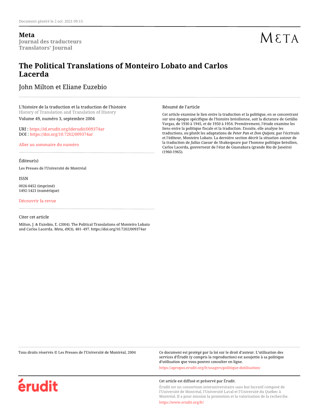 The Political Translations of Monteiro Lobato and Carlos Lacerda John Milton Et Eliane Euzebio