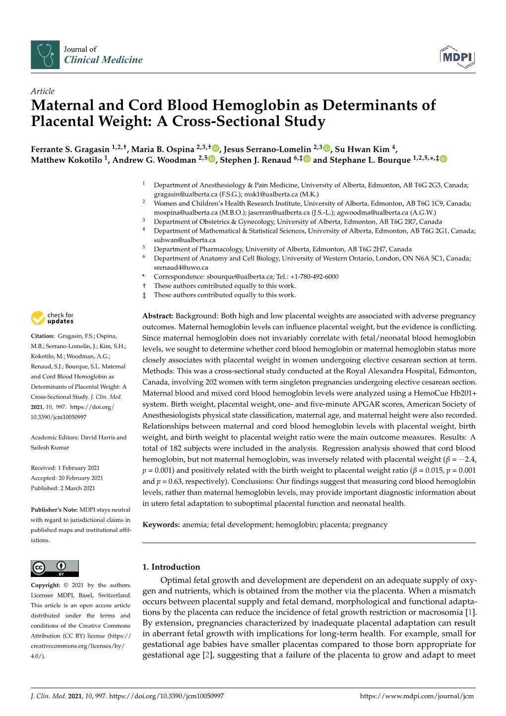 Maternal and Cord Blood Hemoglobin As Determinants of Placental Weight: a Cross-Sectional Study