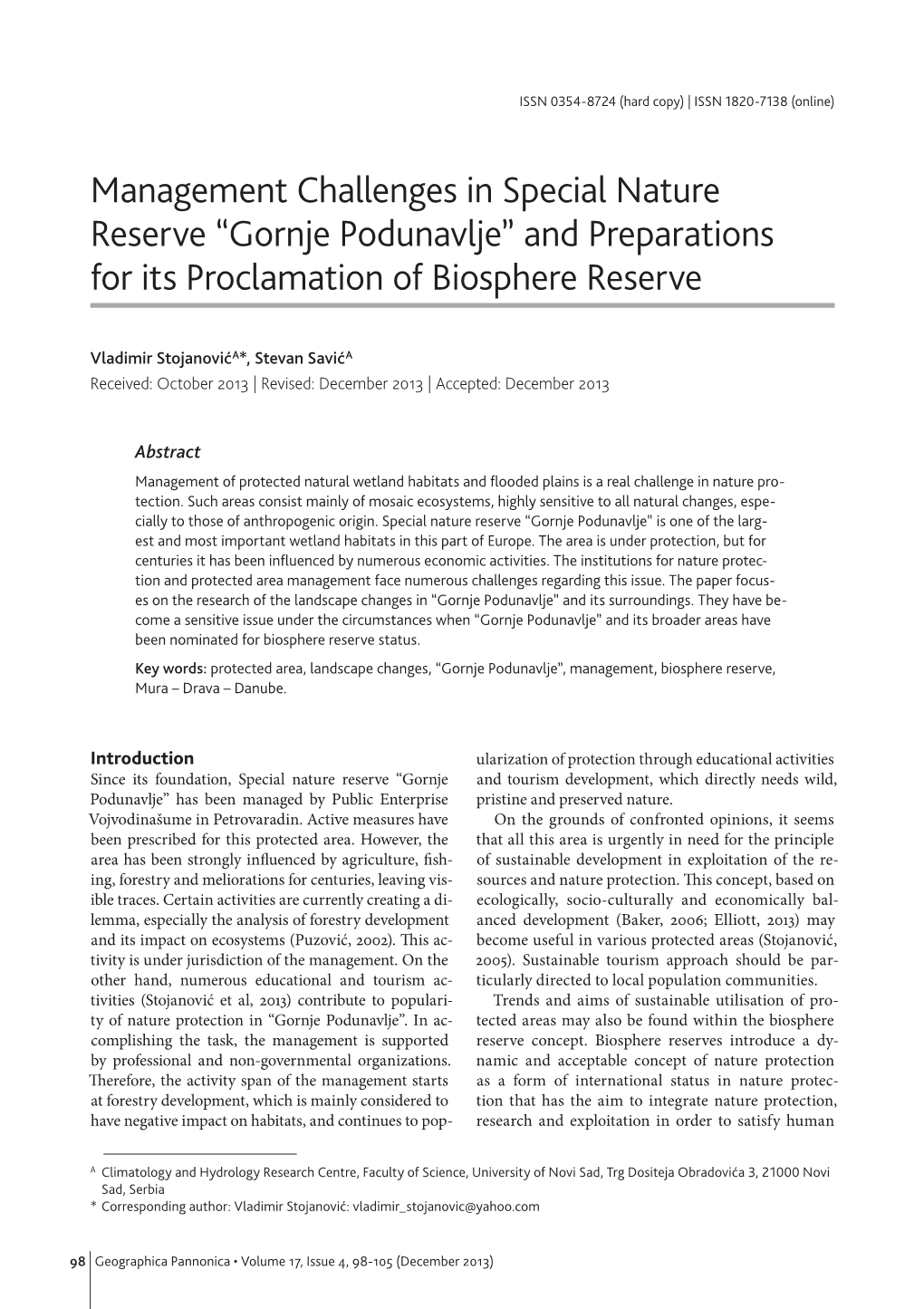 Management Challenges in Special Nature Reserve “Gornje Podunavlje” and Preparations for Its Proclamation of Biosphere Reserve