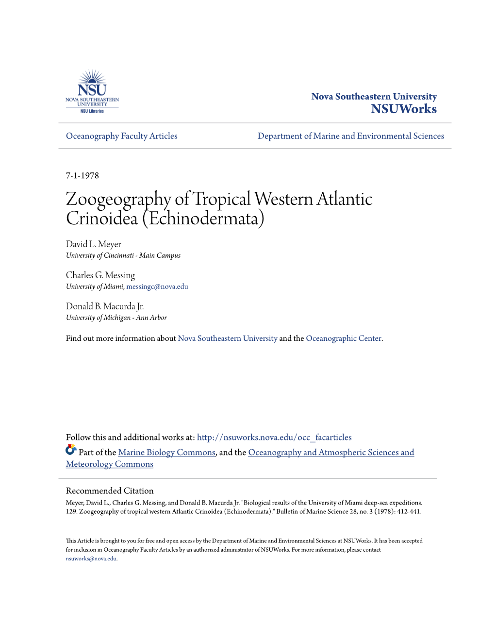 Zoogeography of Tropical Western Atlantic Crinoidea (Echinodermata) David L