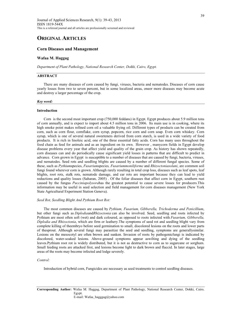 ORIGINAL ARTICLES Corn Diseases and Management