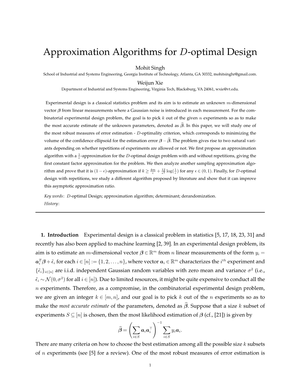 Approximation Algorithms for D-Optimal Design