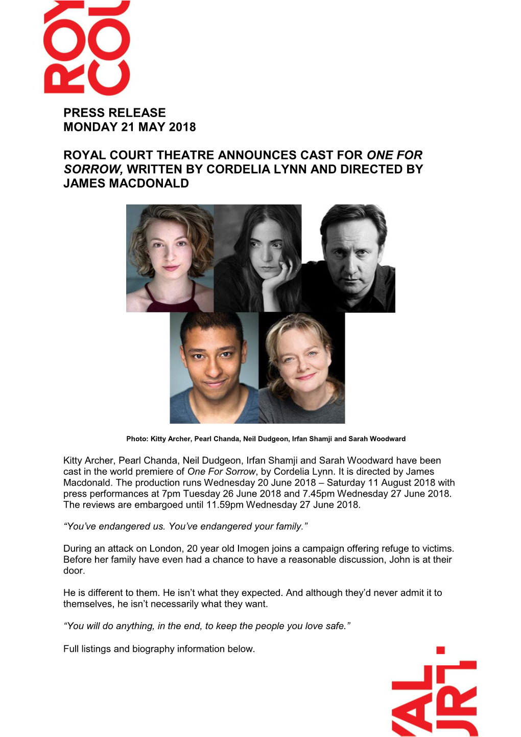 Press Release Monday 21 May 2018 Royal Court Theatre