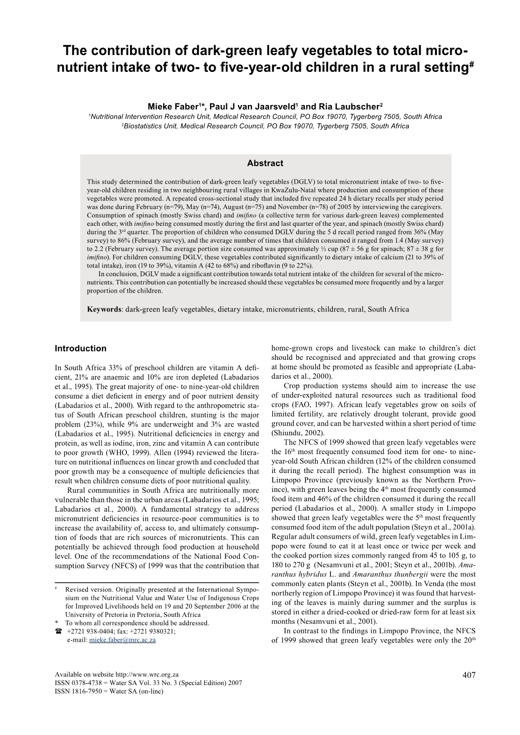 The Contribution of Dark-Green Leafy Vegetables to Total Micro- Nutrient Intake of Two- to Five-Year-Old Children in a Rural