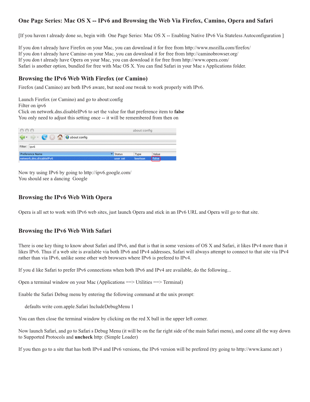 One Page Series: Mac OS X -- Ipv6 and Browsing the Web Via Firefox, Camino, Opera and Safari