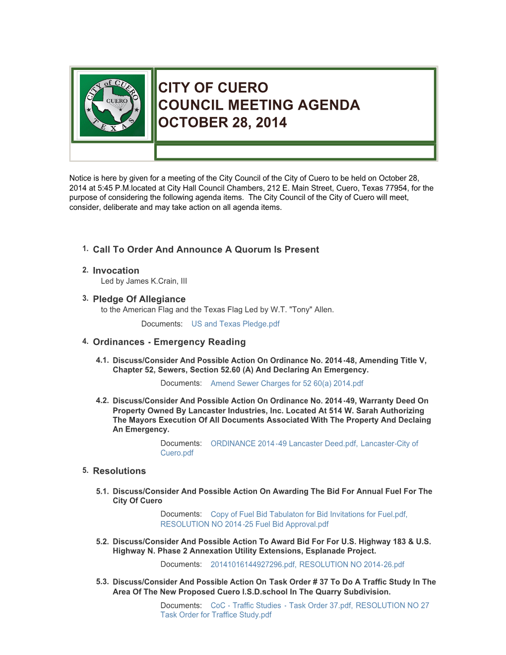 City of Cuero Council Meeting Agenda October 28, 2014