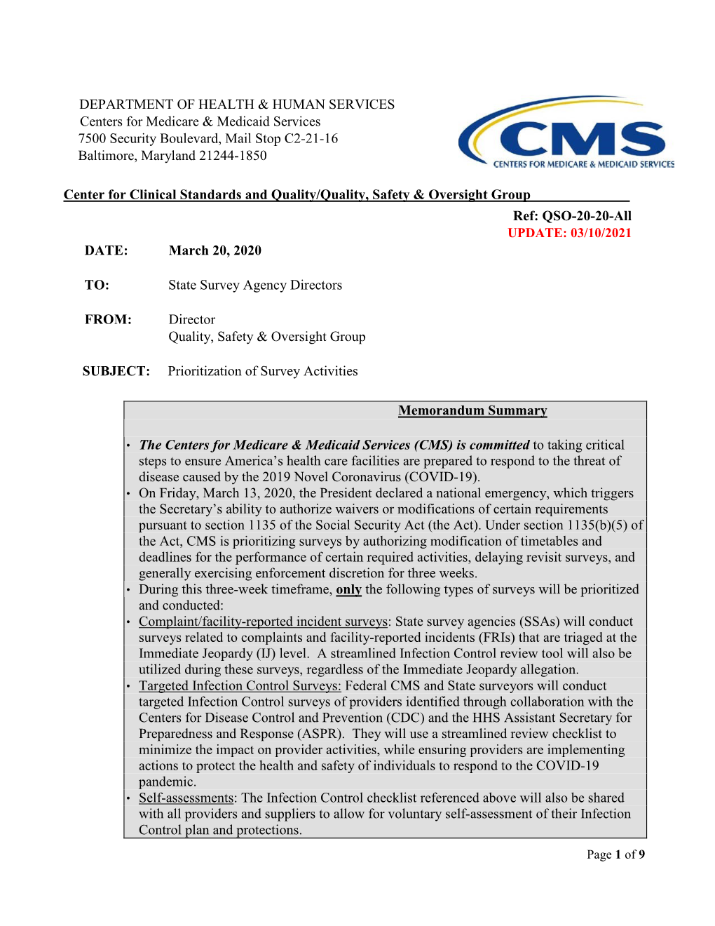 COVID-19 Focused Infection Control Survey: Acute and Continuing Care