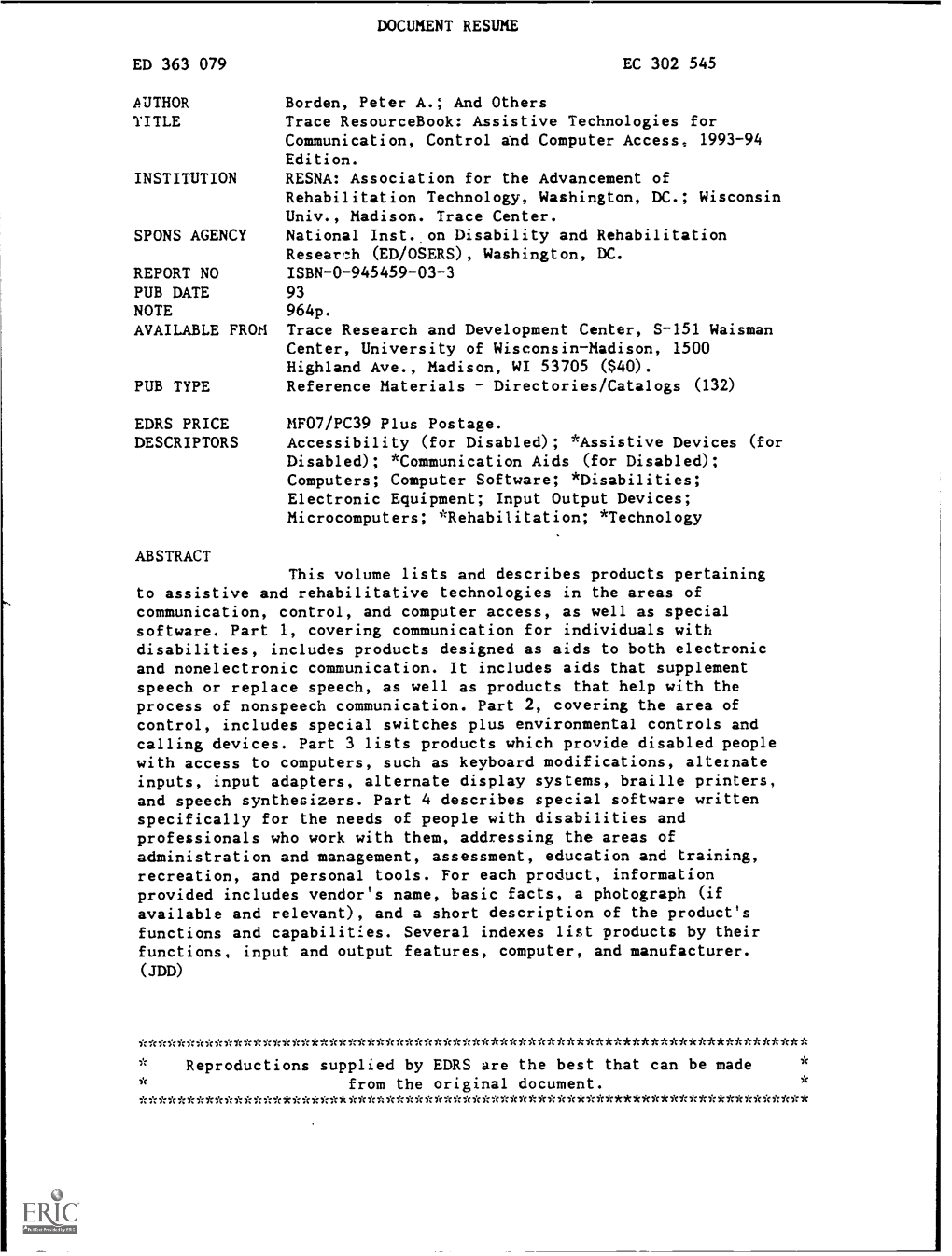 Trace Resourcebook: Assistive Technologies for Communication, Control and Computer Access, 1993-94 Edition