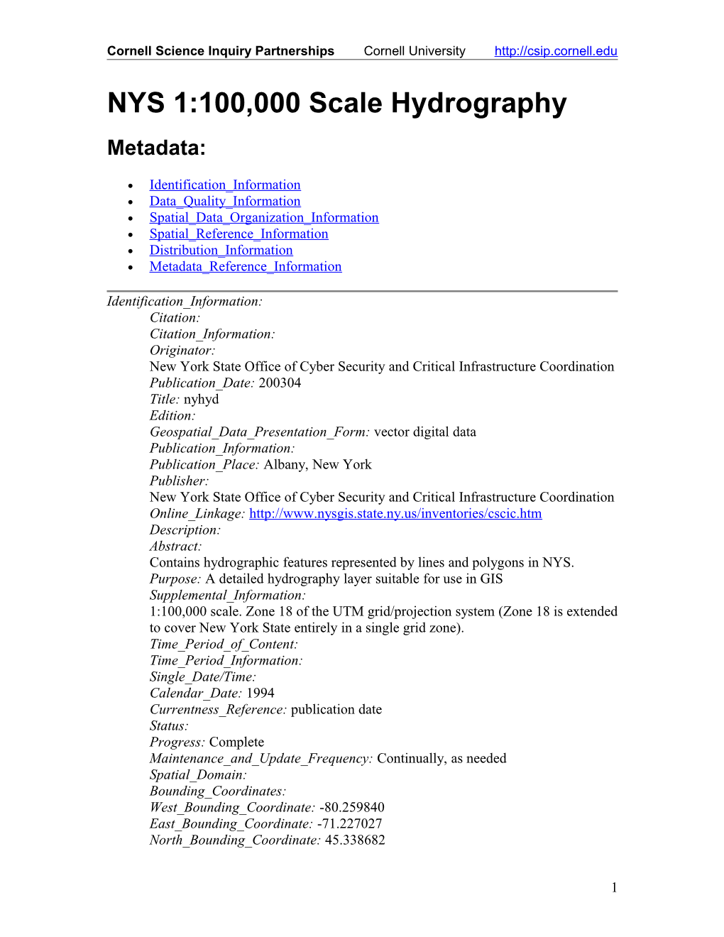 Hydrography Features Of New York State (Shapefile : 1999)