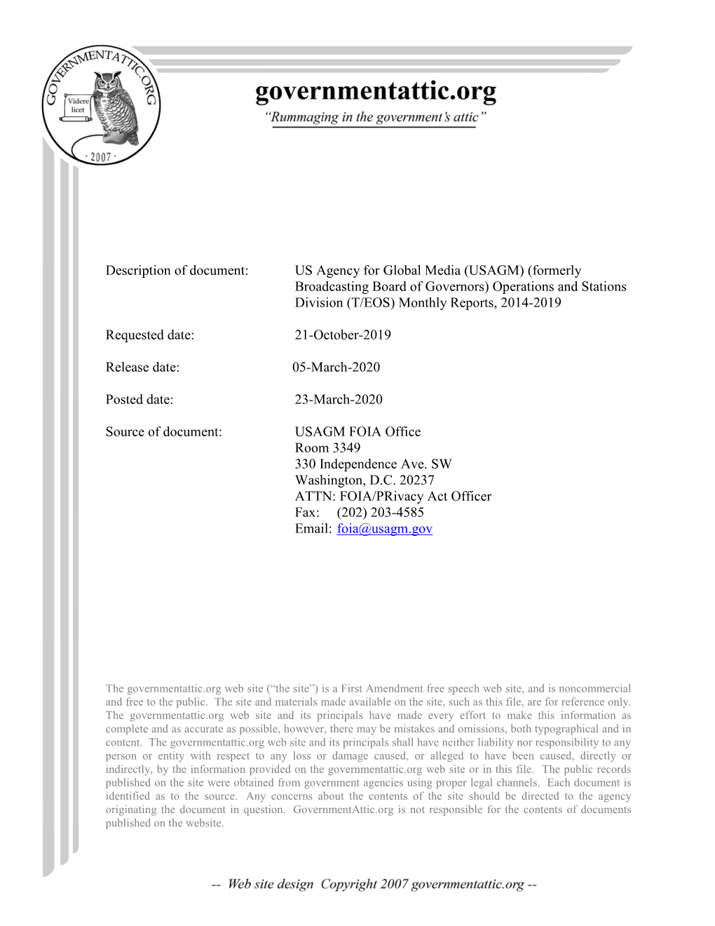 US Agency for Global Media (USAGM) (Formerly Broadcasting Board of Governors) Operations and Stations Division (T/EOS) Monthly Reports, 2014-2019