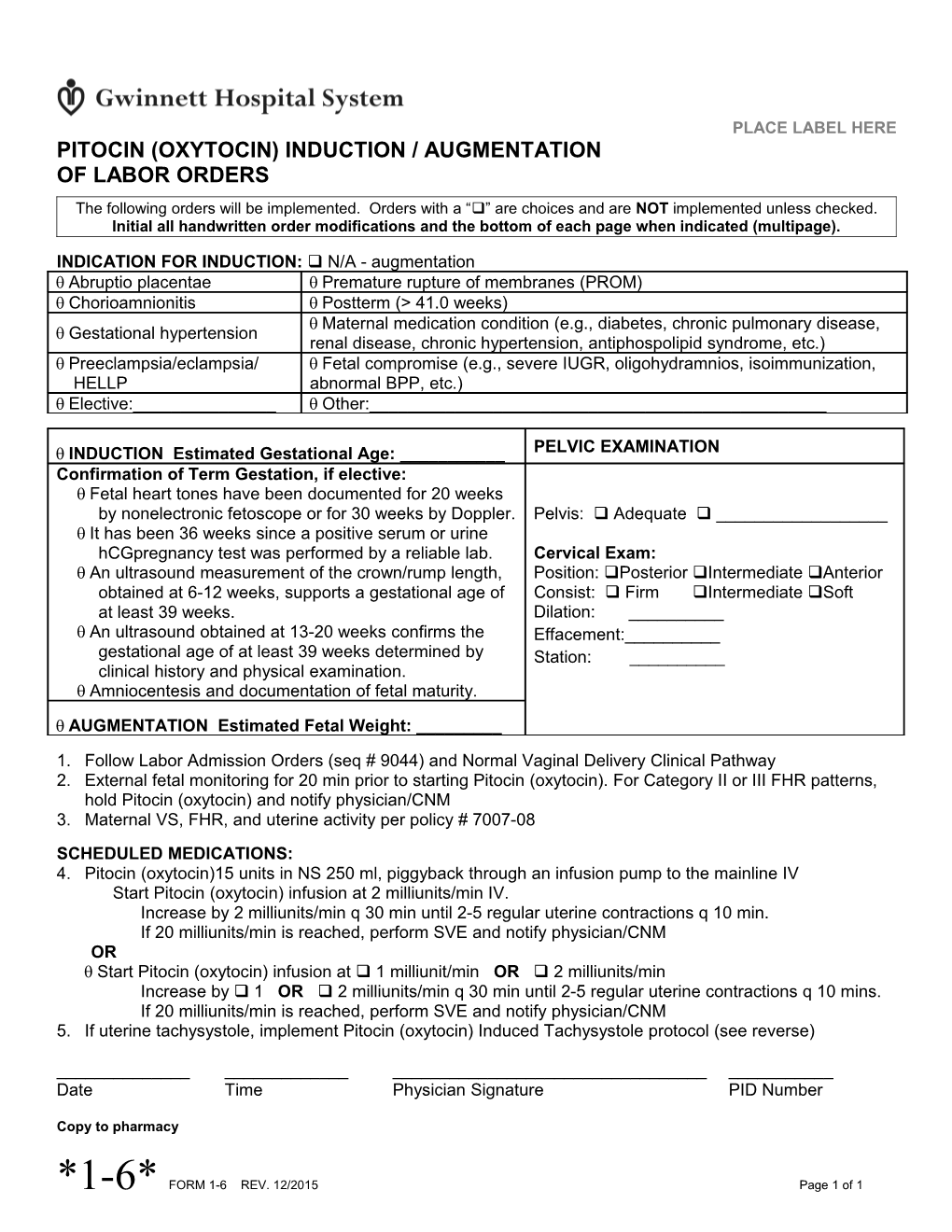 Pitocin Oxytocin Induction Augmentation of Labor Orders