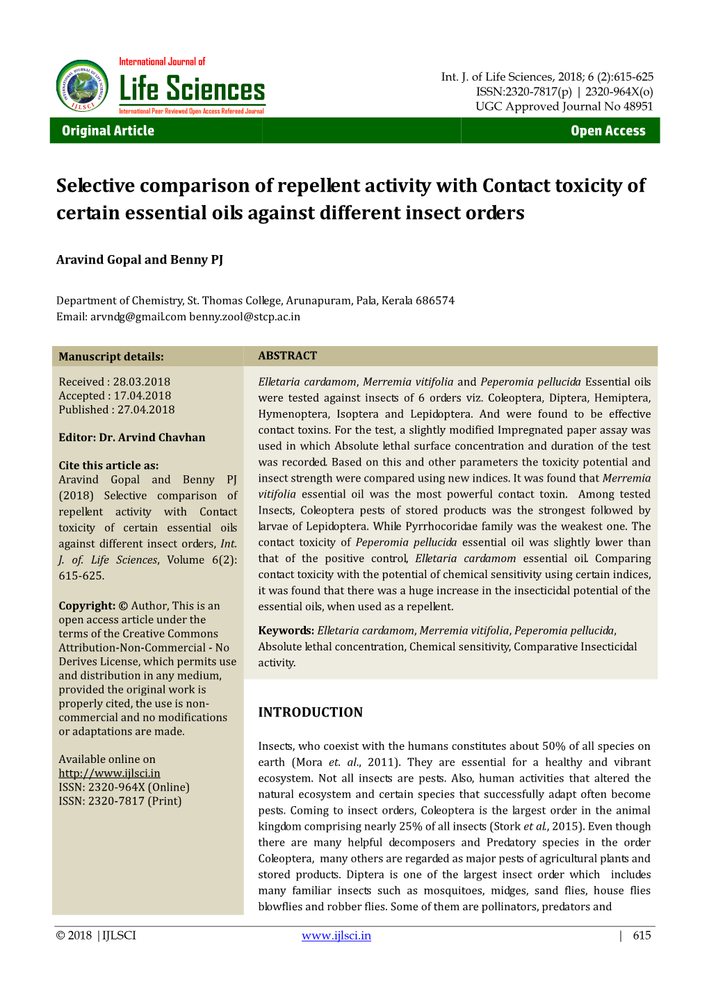 Life Sciences, 2018; 6 (2):615-625 Life Sciences ISSN:2320-7817(P) | 2320-964X(O)