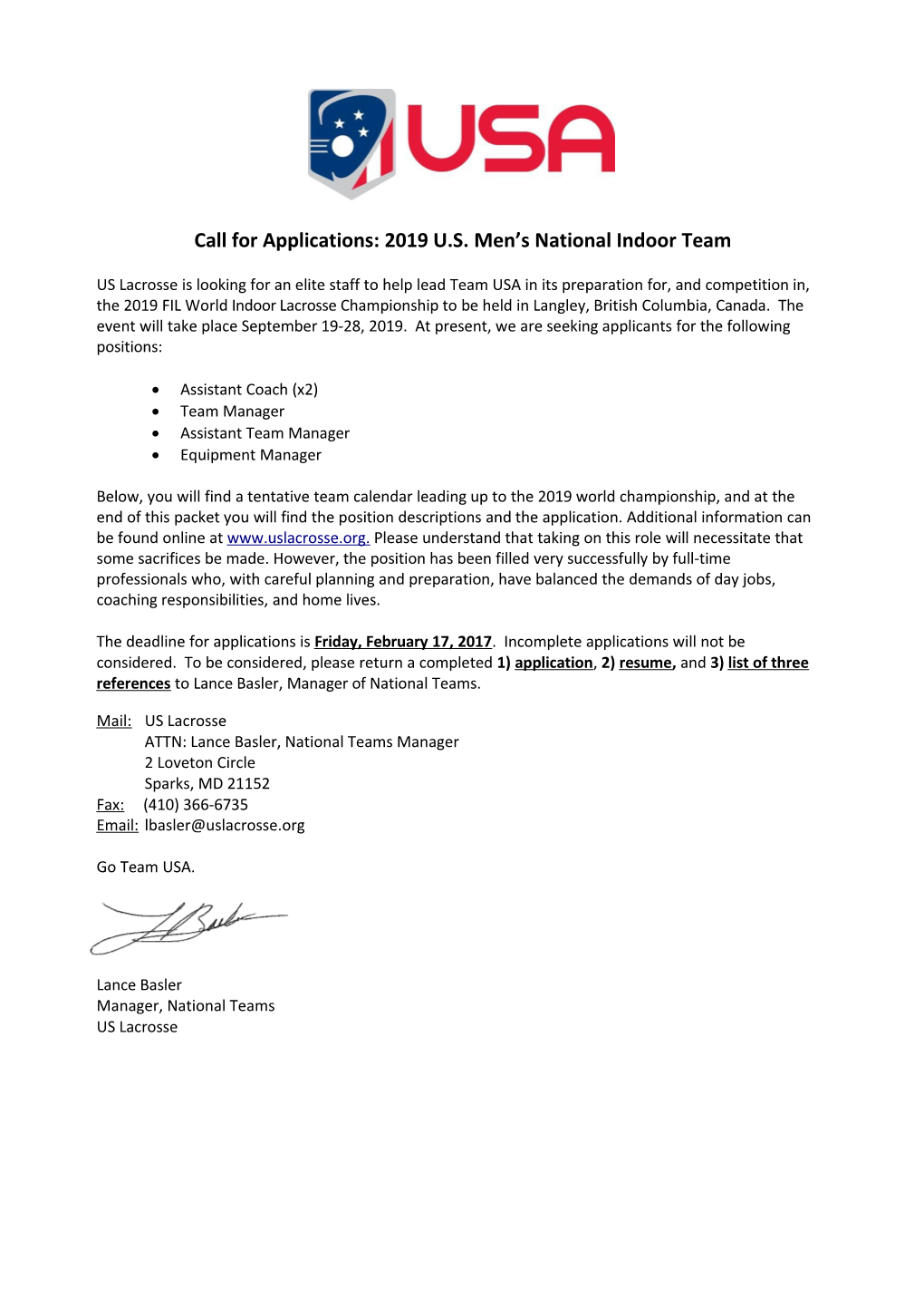 Call for Applications: 2019 U.S. Men S National Indoor Team