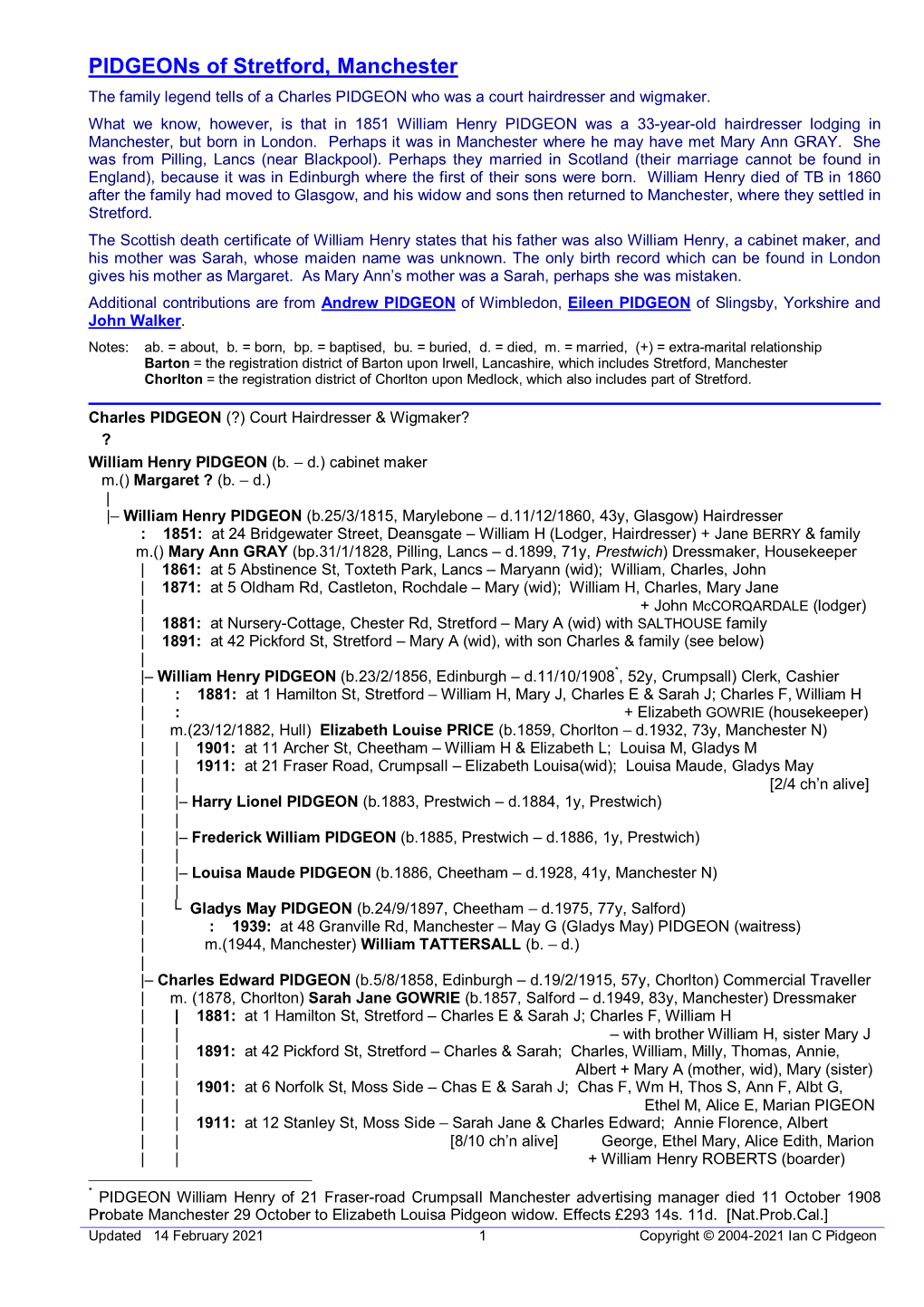 Pidgeons of Stretford, Manchester the Family Legend Tells of a Charles PIDGEON Who Was a Court Hairdresser and Wigmaker