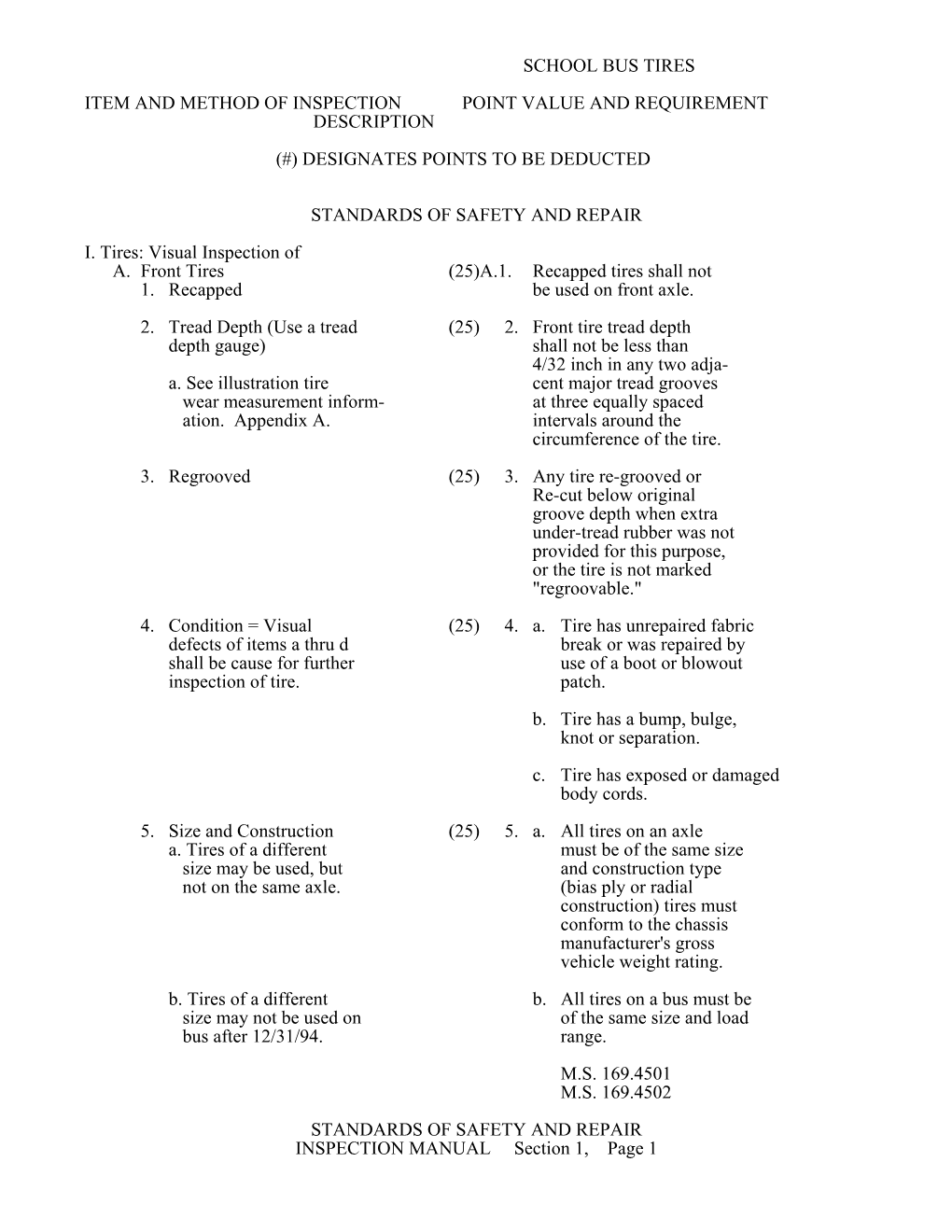 School Bus Tires Item and Method of Inspection Point