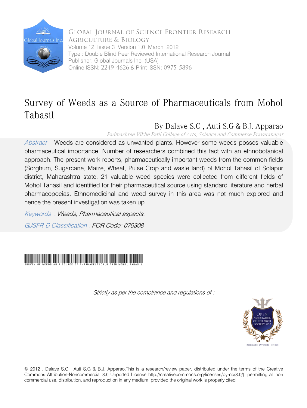 Survey of Weeds As a Source of Pharmaceuticals from Mohol Tahasil