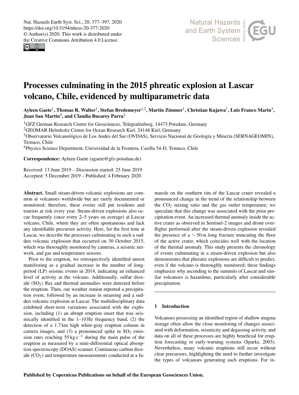 Processes Culminating in the 2015 Phreatic Explosion at Lascar Volcano, Chile, Evidenced by Multiparametric Data