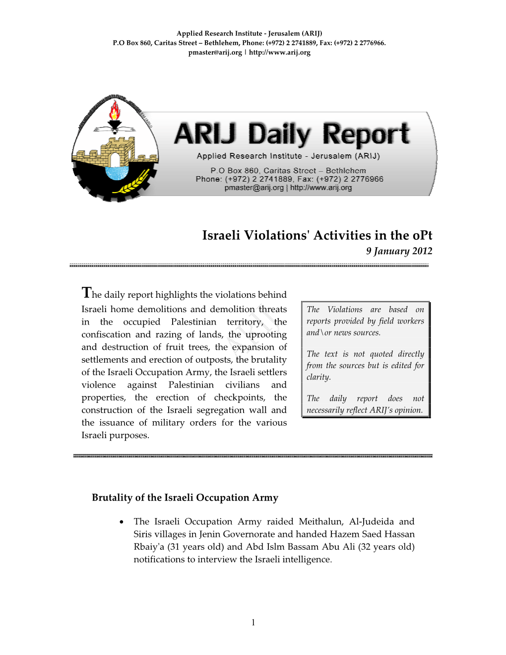 Israeli Violations' Activities in The