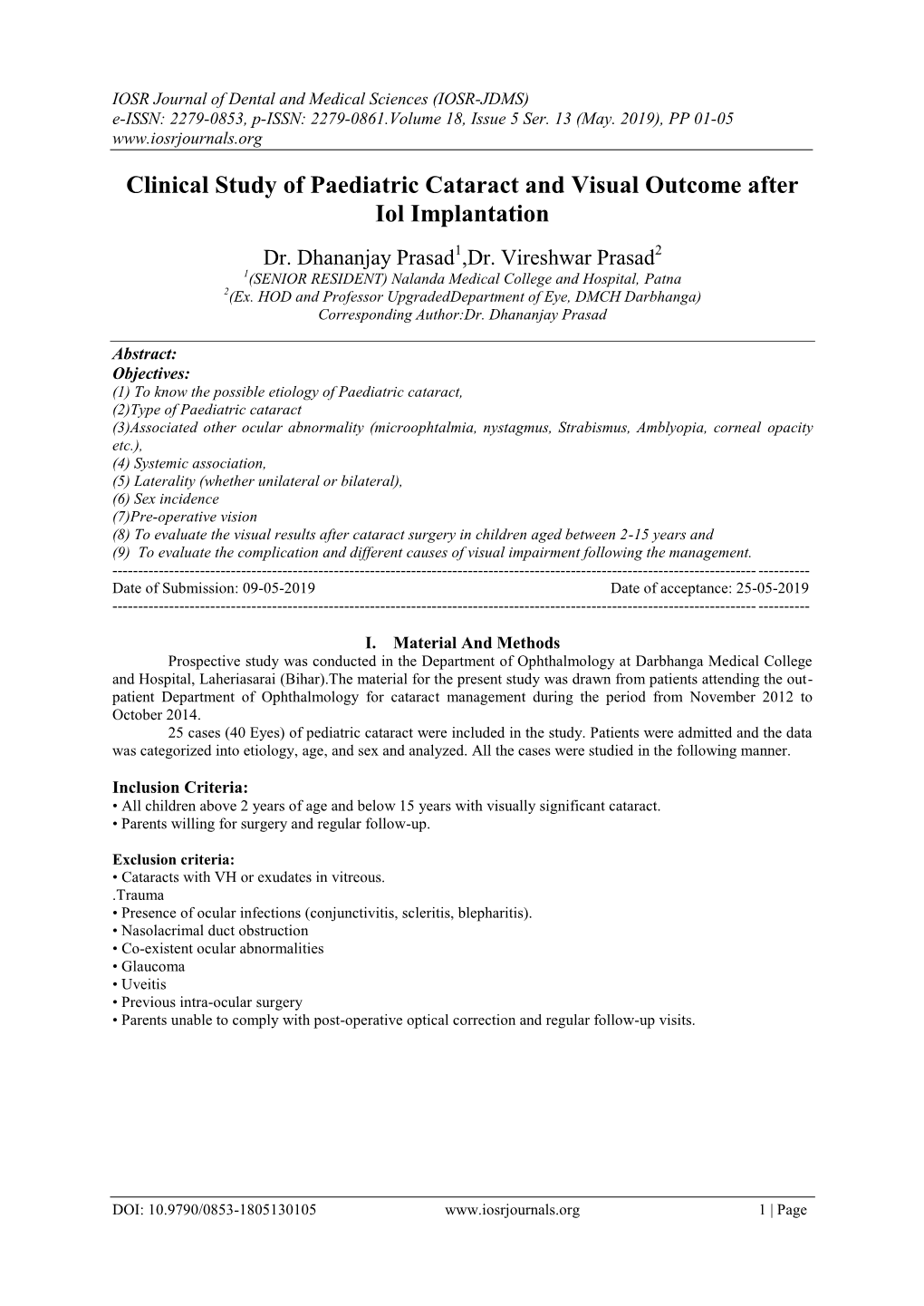 Clinical Study of Paediatric Cataract and Visual Outcome After Iol Implantation