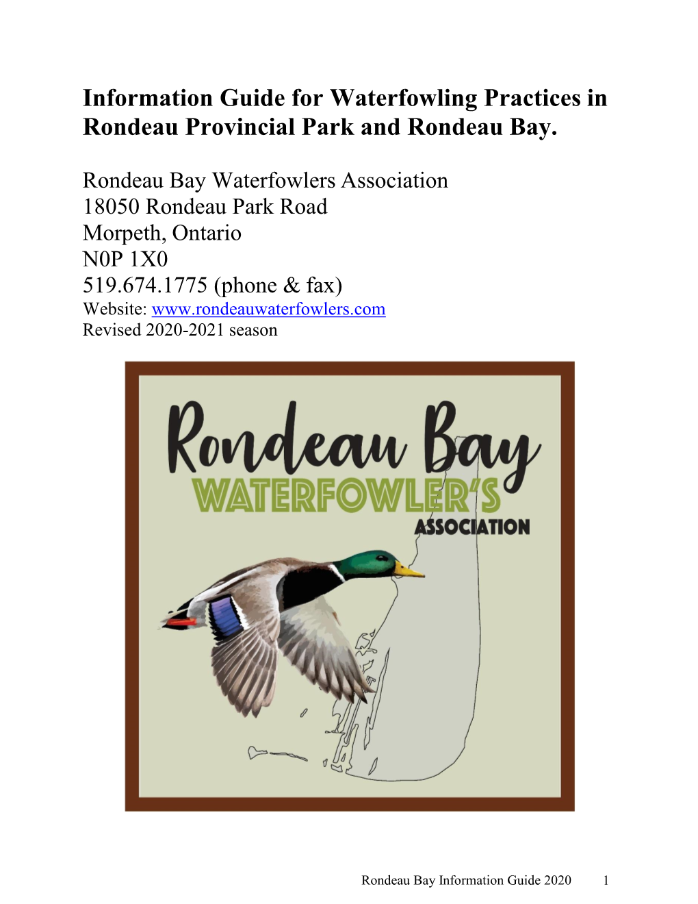 Information Guide for Waterfowling Practices in Rondeau Provincial Park and Rondeau Bay