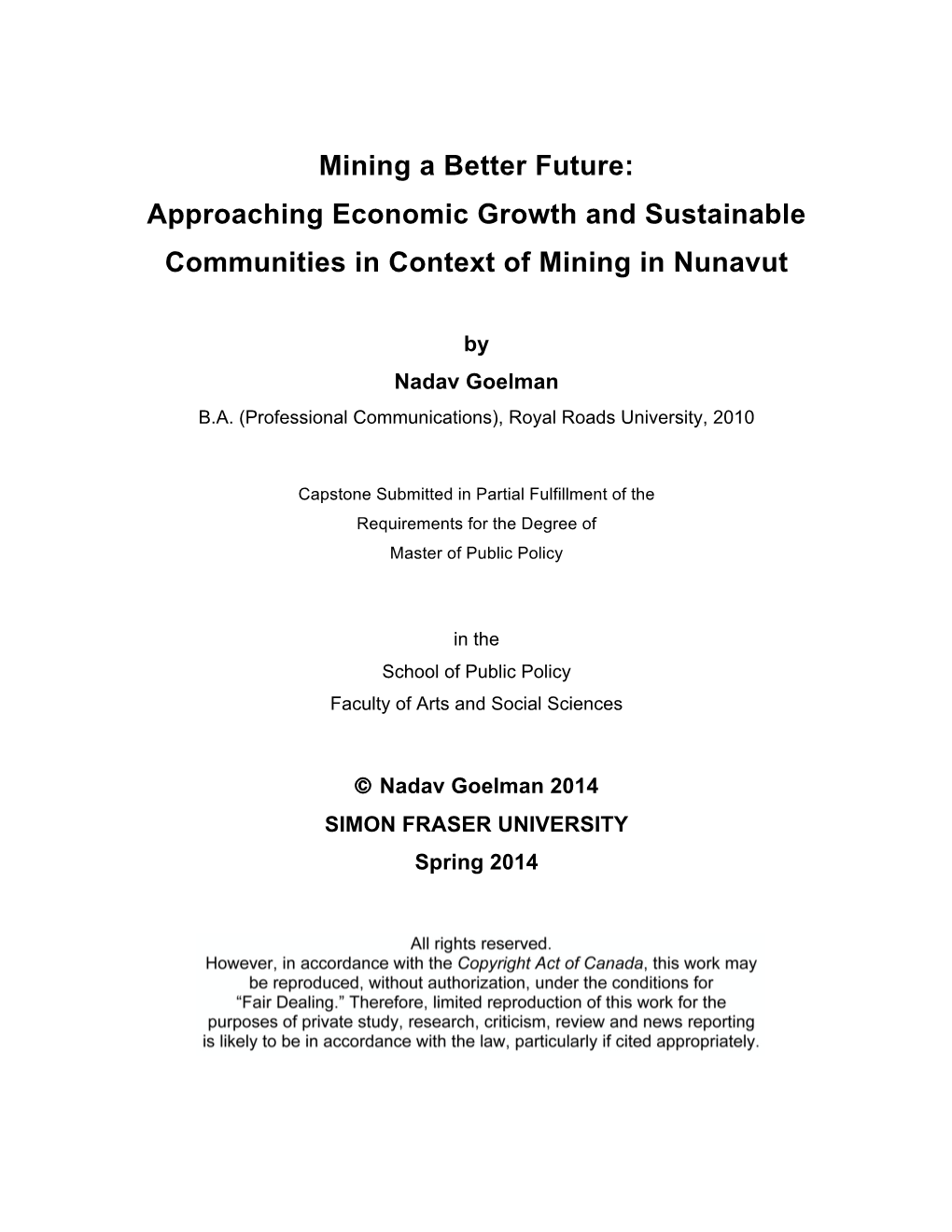 Approaching Economic Growth and Sustainable Communities in Context of Mining in Nunavut