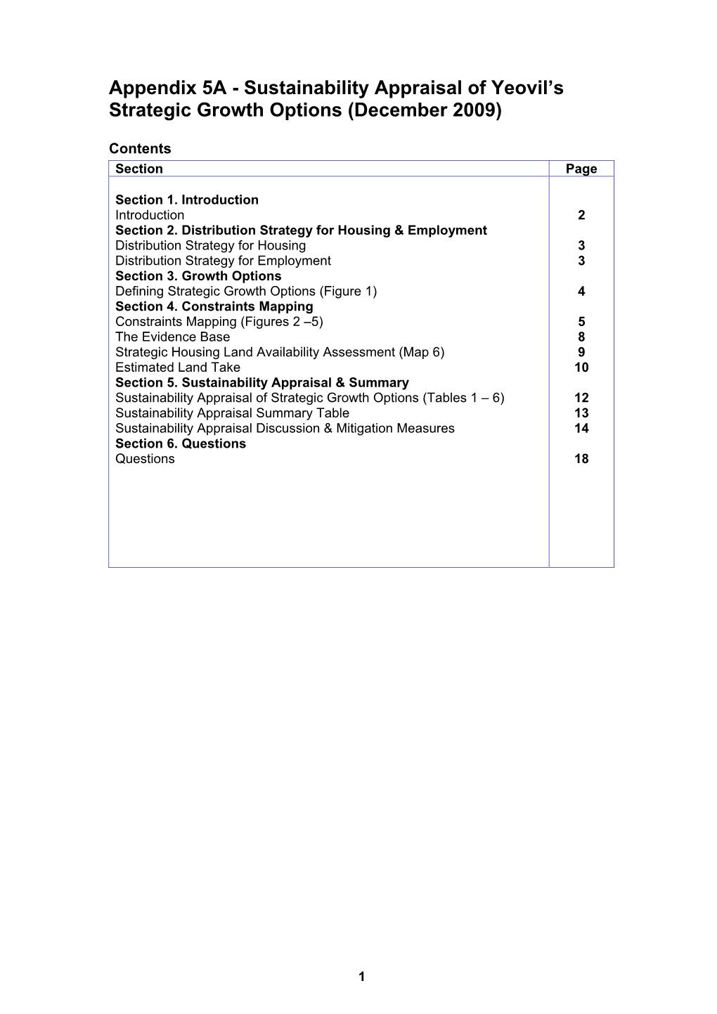 Appendix 5A - Sustainability Appraisal of Yeovil’S Strategic Growth Options (December 2009)