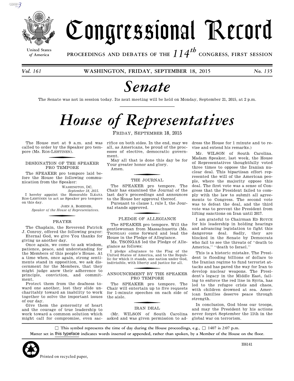 Congressional Record United States Th of America PROCEEDINGS and DEBATES of the 114 CONGRESS, FIRST SESSION