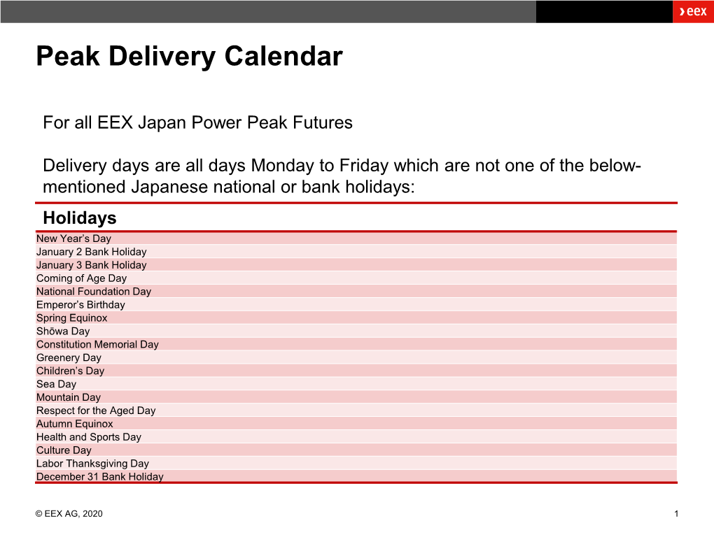 Peak Delivery Calendar