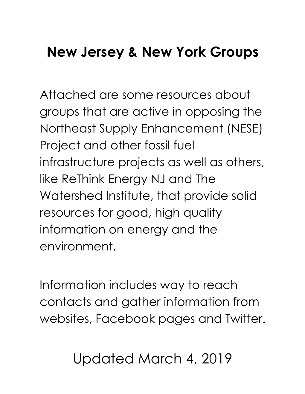 New Jersey & New York Groups Updated March 4, 2019