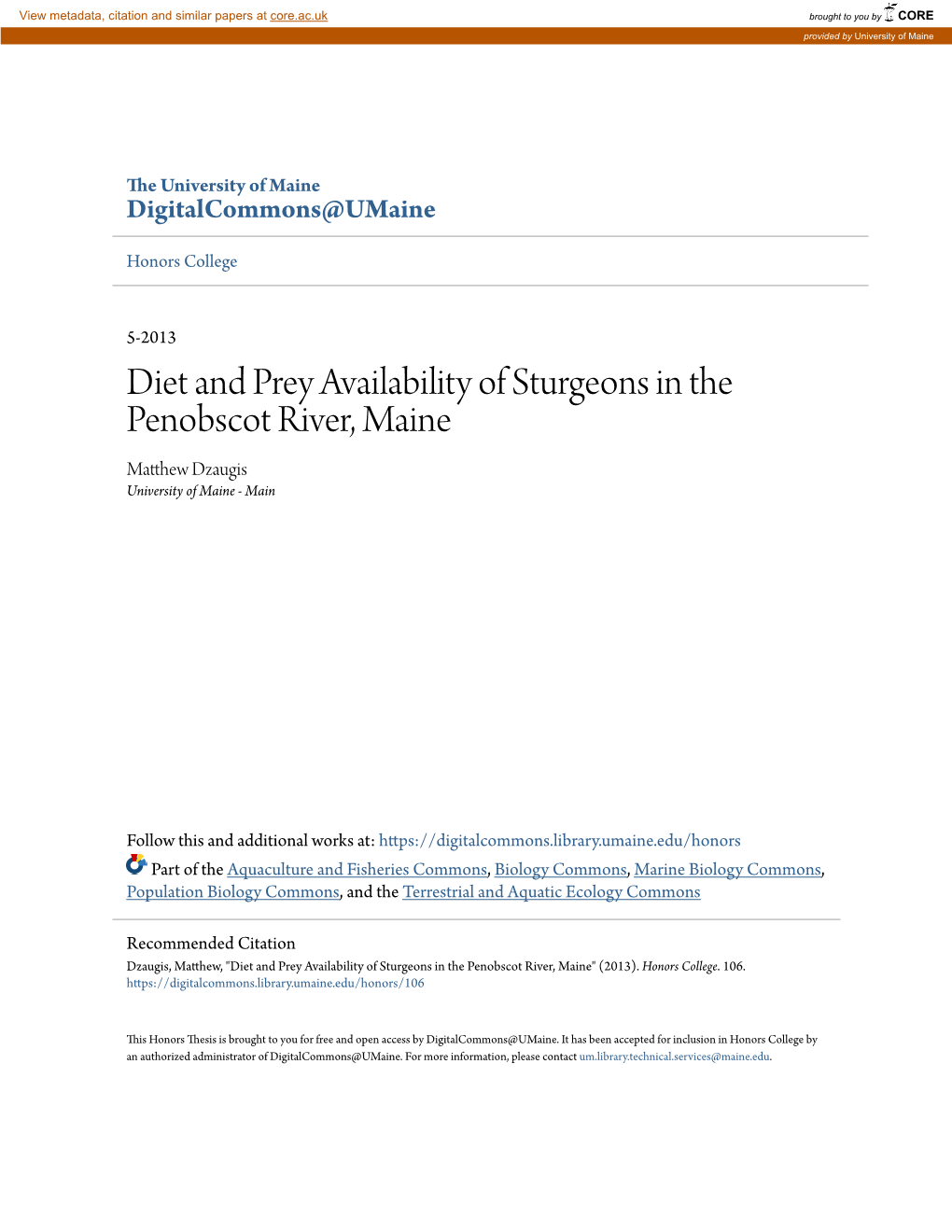 Diet and Prey Availability of Sturgeons in the Penobscot River, Maine Matthew Dzaugis University of Maine - Main