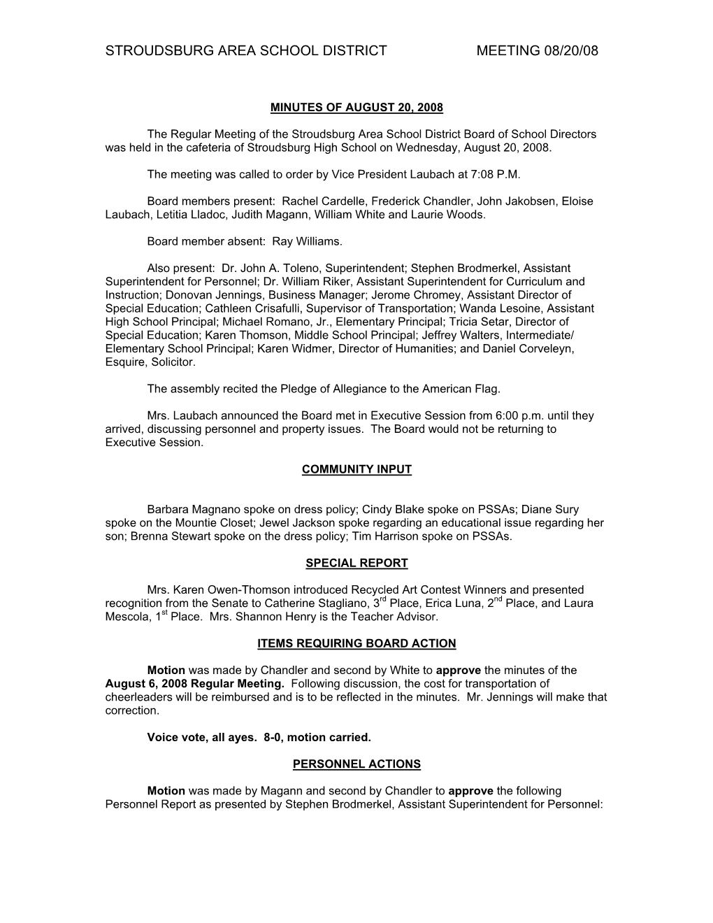 Stroudsburg Area School District Meeting 08/20/08
