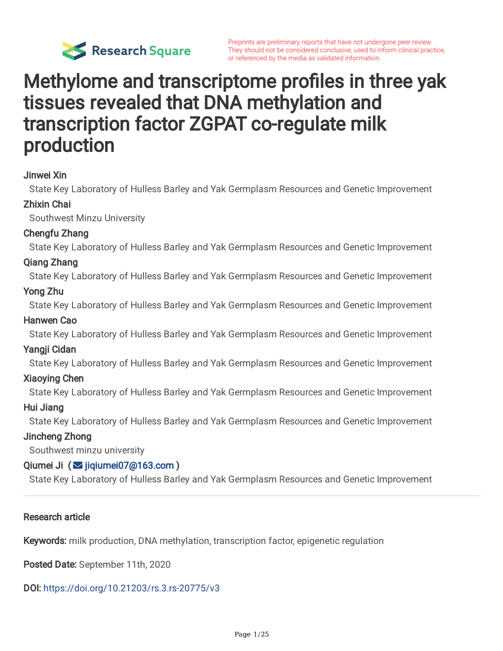 Methylome and Transcriptome Pro Les in Three Yak Tissues Revealed That