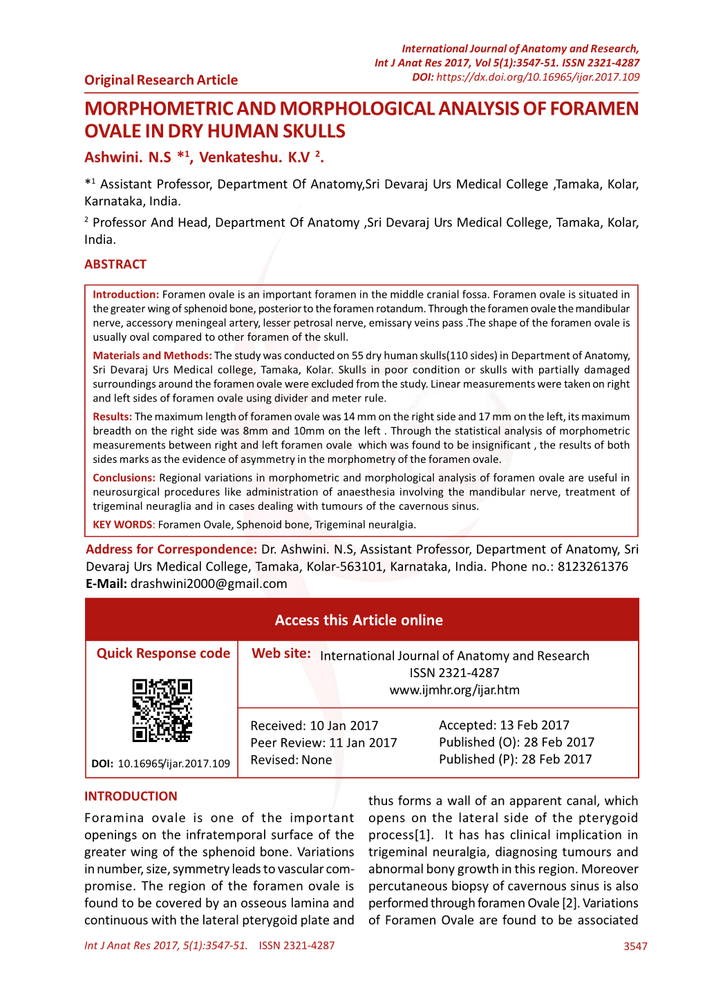 MORPHOMETRIC and MORPHOLOGICAL ANALYSIS of FORAMEN OVALE in DRY HUMAN SKULLS Ashwini