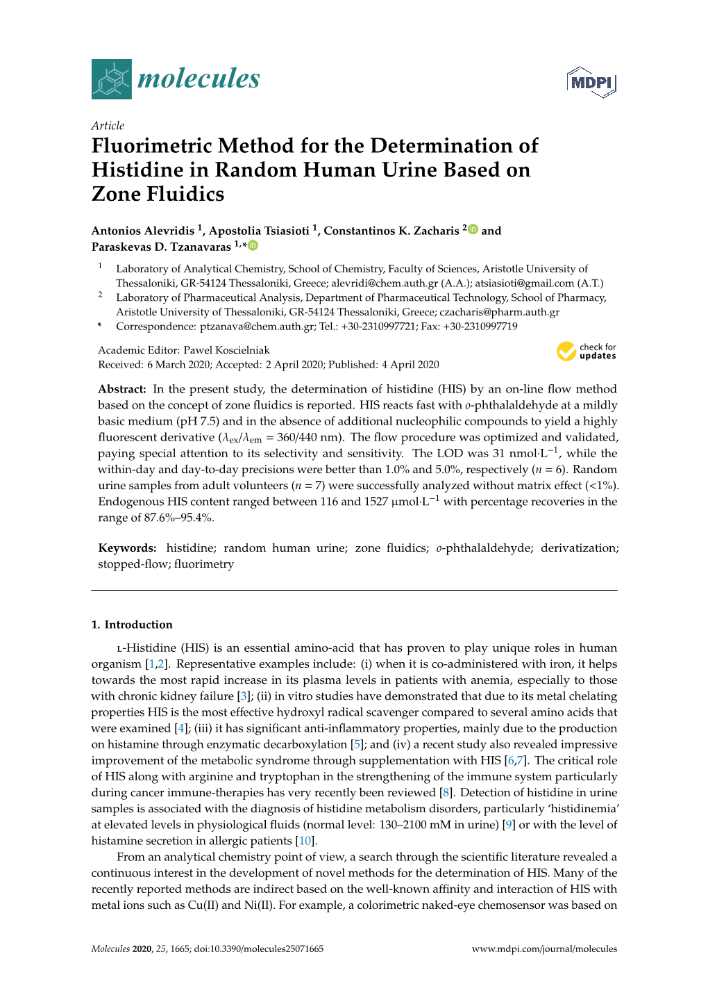 Fluorimetric Method for the Determination of Histidine in Random Human Urine Based on Zone Fluidics