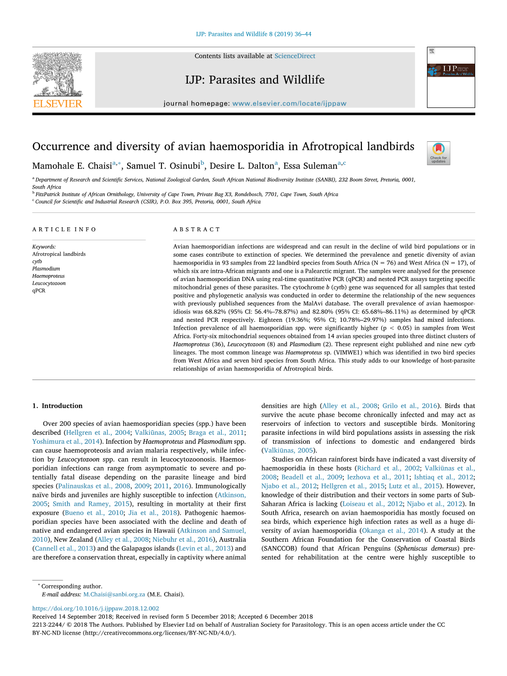 Occurrence and Diversity of Avian Haemosporidia in Afrotropical Landbirds T ∗ Mamohale E