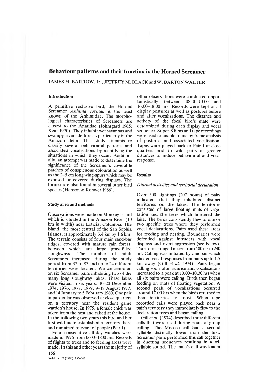 Behaviour Patterns and Their Function in the Horned Screamer