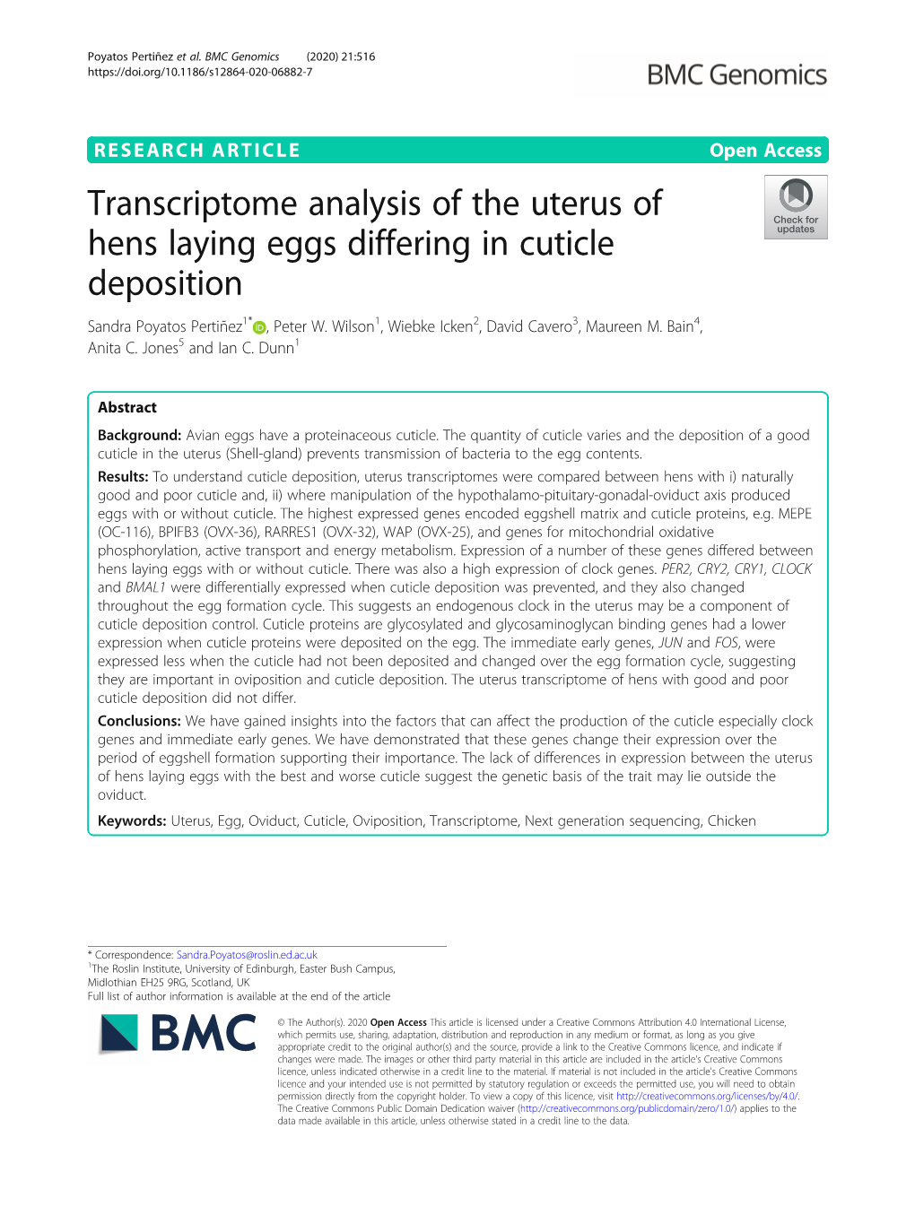 Transcriptome Analysis of the Uterus of Hens Laying Eggs Differing in Cuticle Deposition Sandra Poyatos Pertiñez1* , Peter W