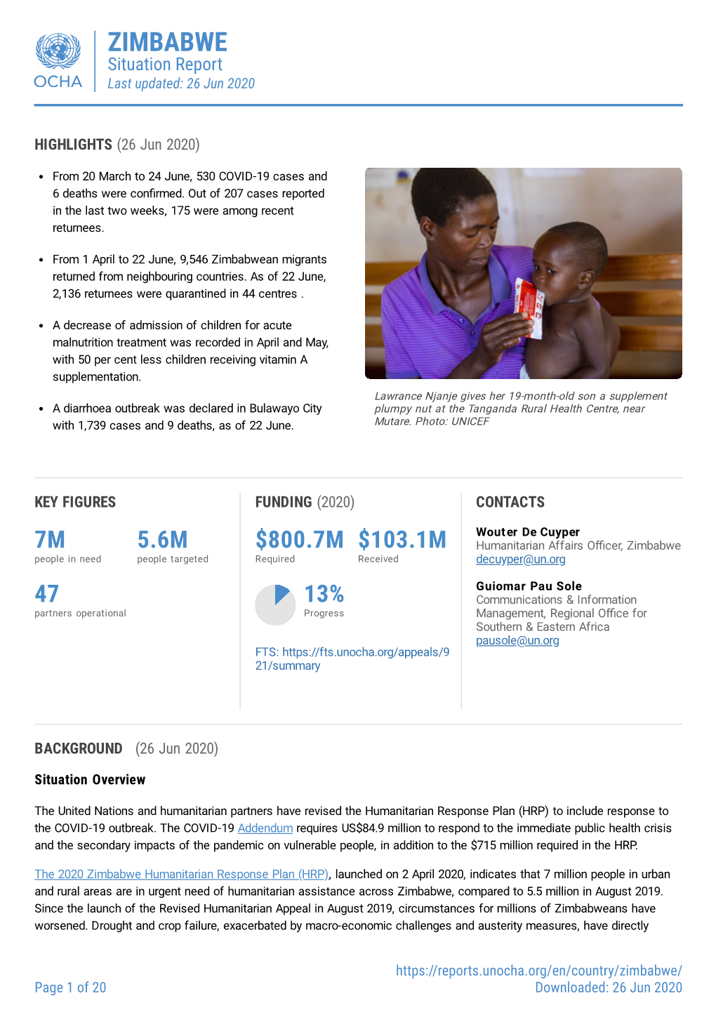 ZIMBABWE Situation Report Last Updated: 26 Jun 2020